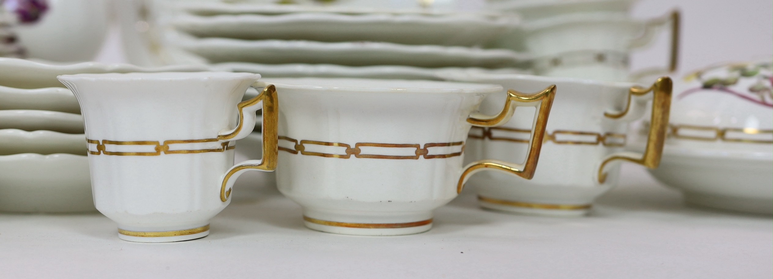 A rare Rockingham botanical specimen part breakfast service, griffin statant mark, c.1826, with some matching pieces, c.1830-5